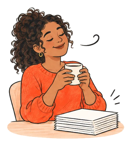 A team member has a coffee, the pile of invoices already handled